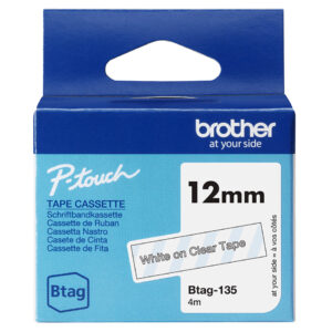 BROTHER BTAG135 12MM WHITE ON CLEAR TAPE