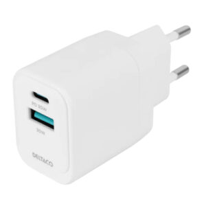 DELTACO – USB GaN wall charger 1x USB-A 18, W 1x USB-C PD 30 W, PPS (USBC-AC155)
